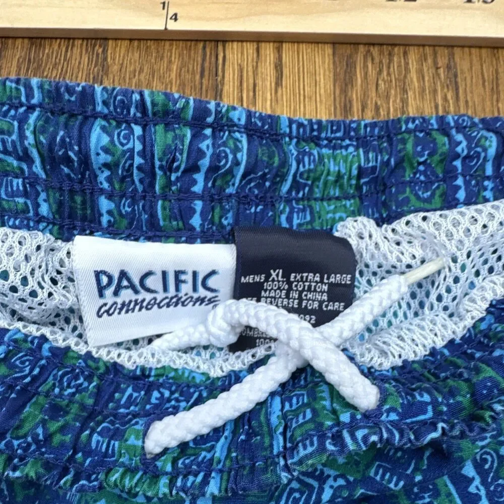 Pacific Connection Men's XL Blue/Green Geometric Swim Trunks Drawstring